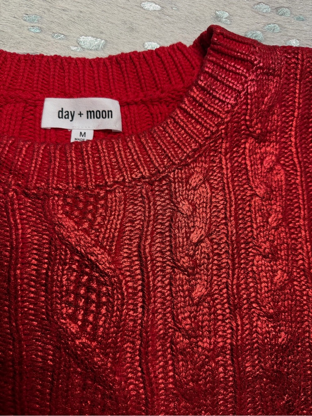 day + moon Red Cable-Textured Crew Sweater